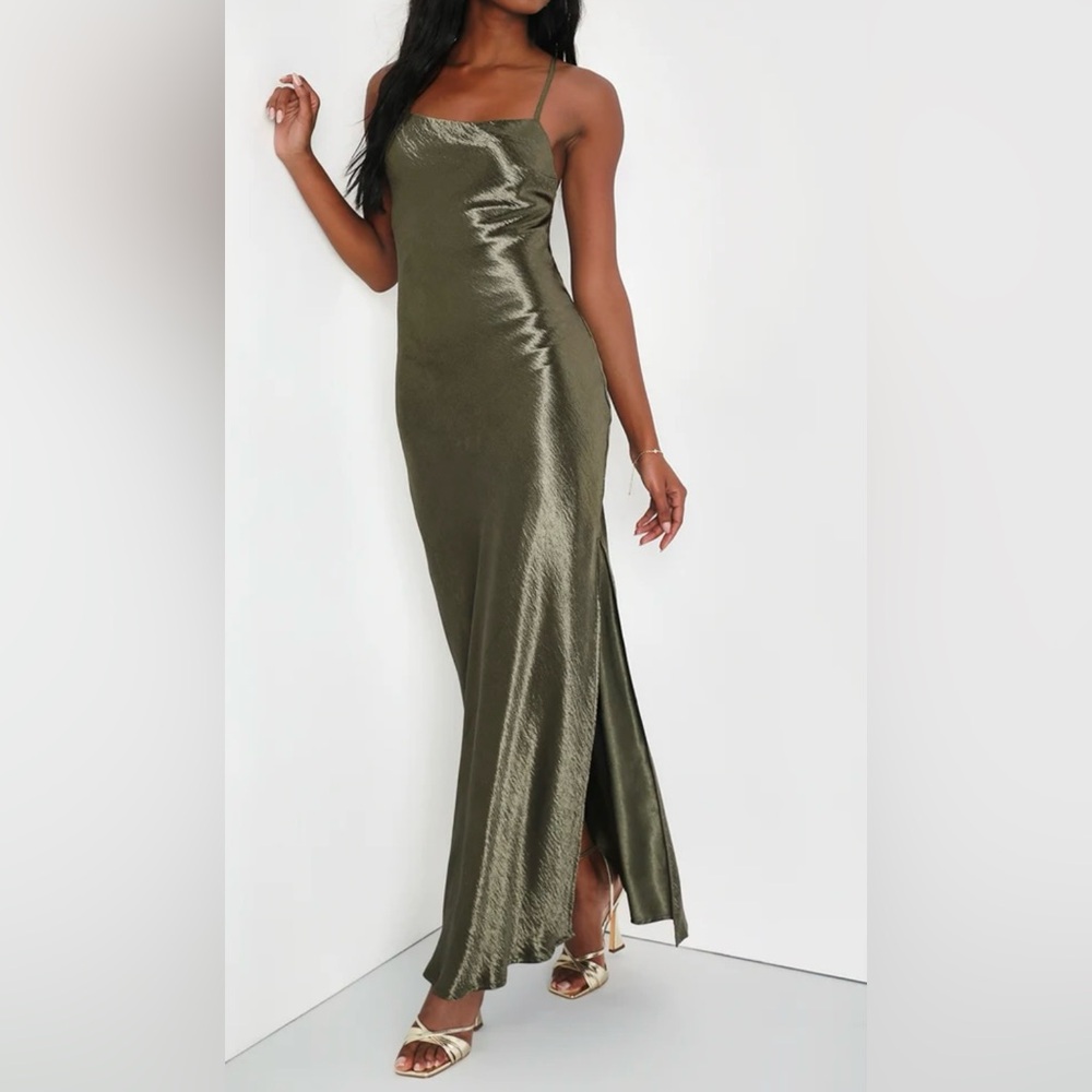 Olive Green Satin Lace-up Maxi Dress